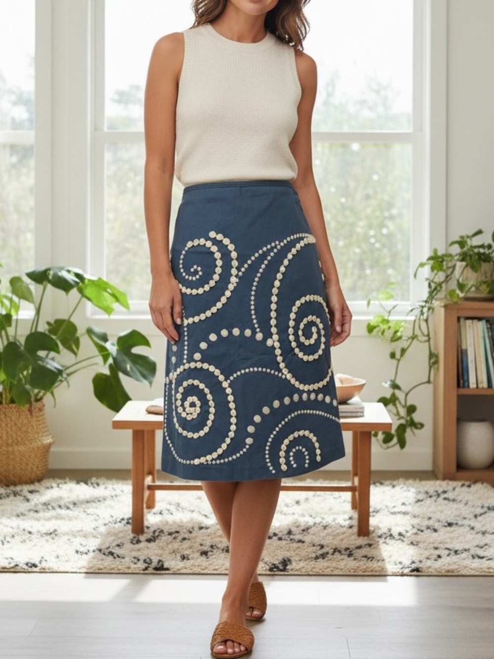 Boden Cream Paisley Swirl Embroidered Slate Blue A-Line Skirt | Size 4